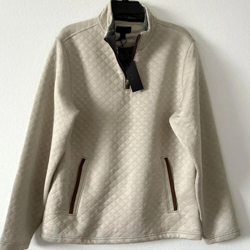 Magaschoni Men's Tan Quilted 1/4 Zip Pullover Sweater Small NWT